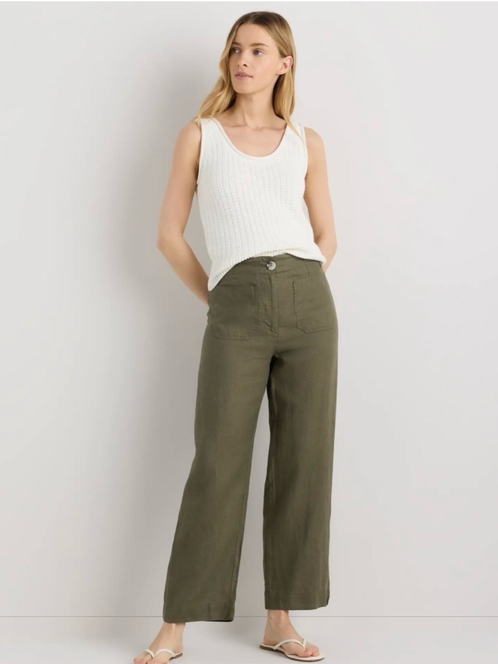 Quince 100% European Linen Patch Pocket Wide Leg Pants Olive Green size 4